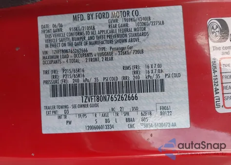 2006 Ford Mustang V6 из США, поврежденный, VIN 1ZVFT80N765262666